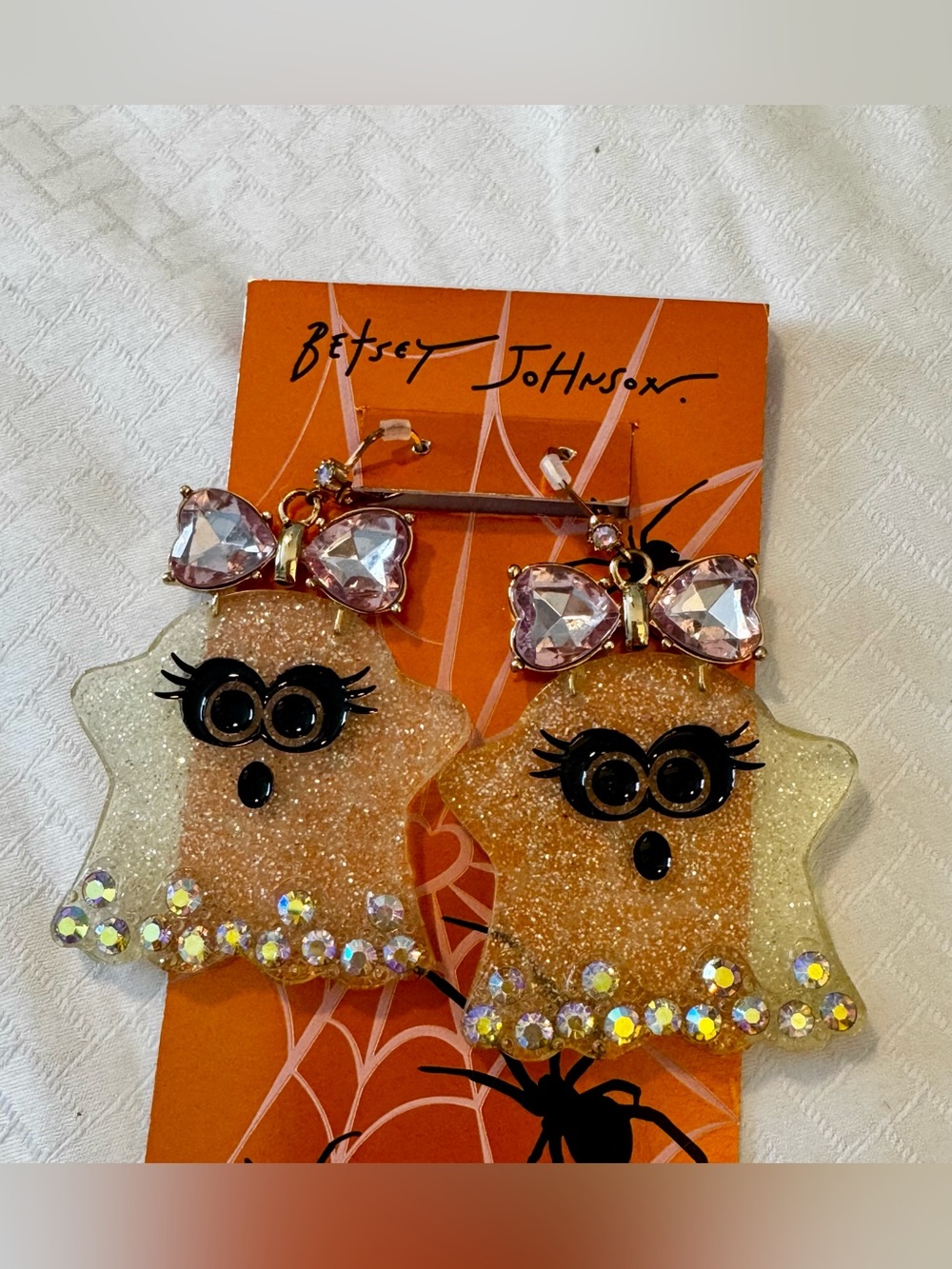 Betsey Johnson Pink Glitter Ghost Drop Earrings with Bow Accents